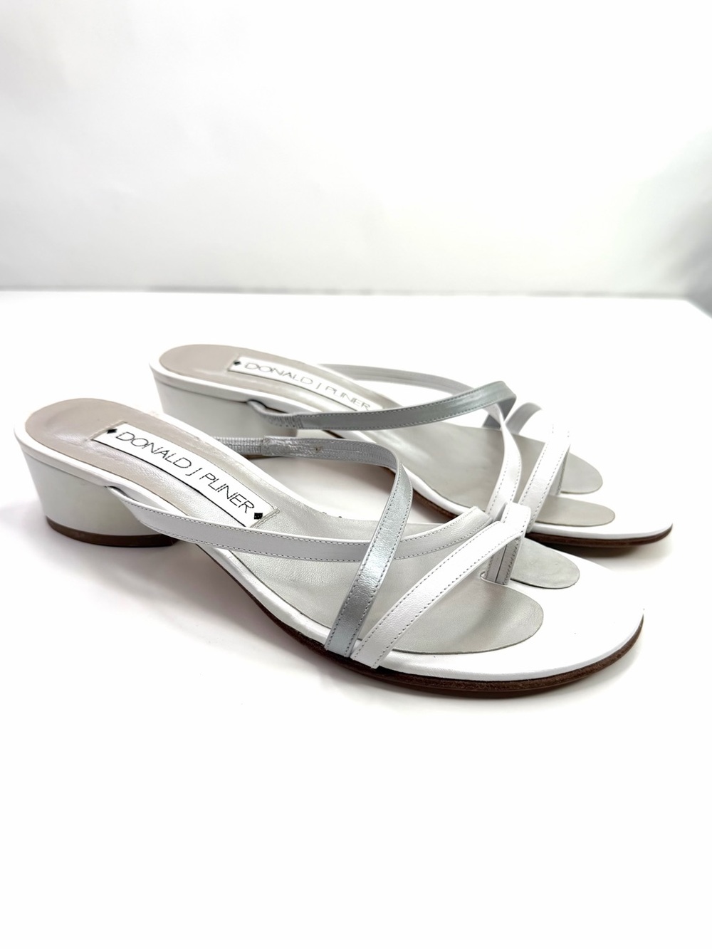 Donald J. Pliner White Silver Strappy Low Block Heel Sandals